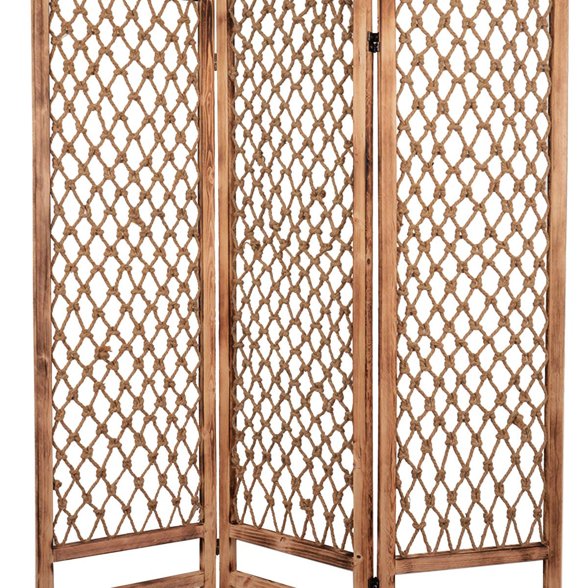 3 Panel Traditional Foldable Screen with Rope Knot Design, Brown - BM205389