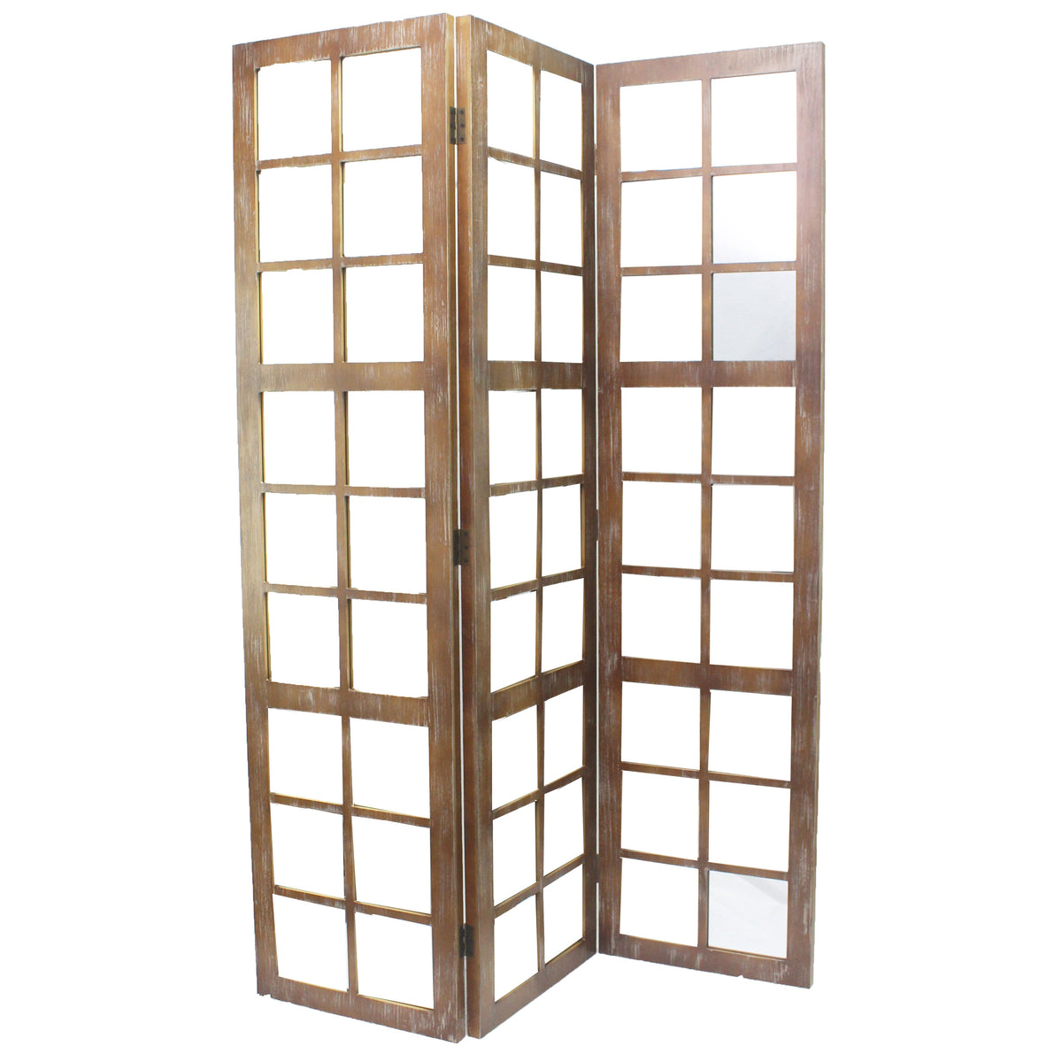 3 Panel Wooden Screen with Square Mirror Inserts, Brown and Silver - BM205400