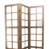 3 Panel Wooden Screen with Square Mirror Inserts, Brown and Silver - BM205400