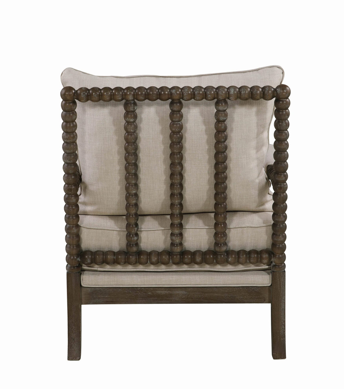 Cushioned Back Fabric Upholstered Spindle Accent Chair, Beige and Brown - BM205459