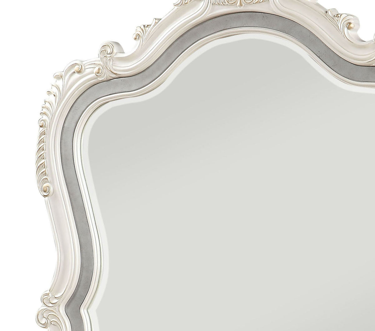 Traditional Mirror with Wooden Scrollwork Crown, White and Silver - BM205579