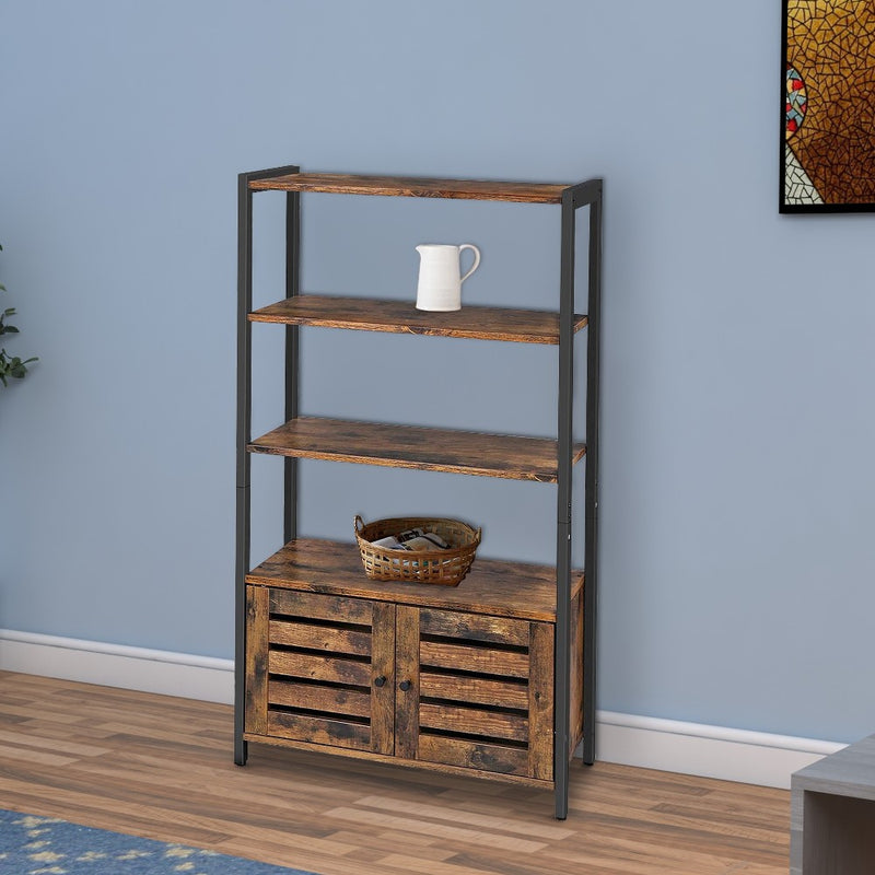 Wooden Storage Cabinet with 3 Open Shelves and 2 Doors, Brown and Black - BM205657