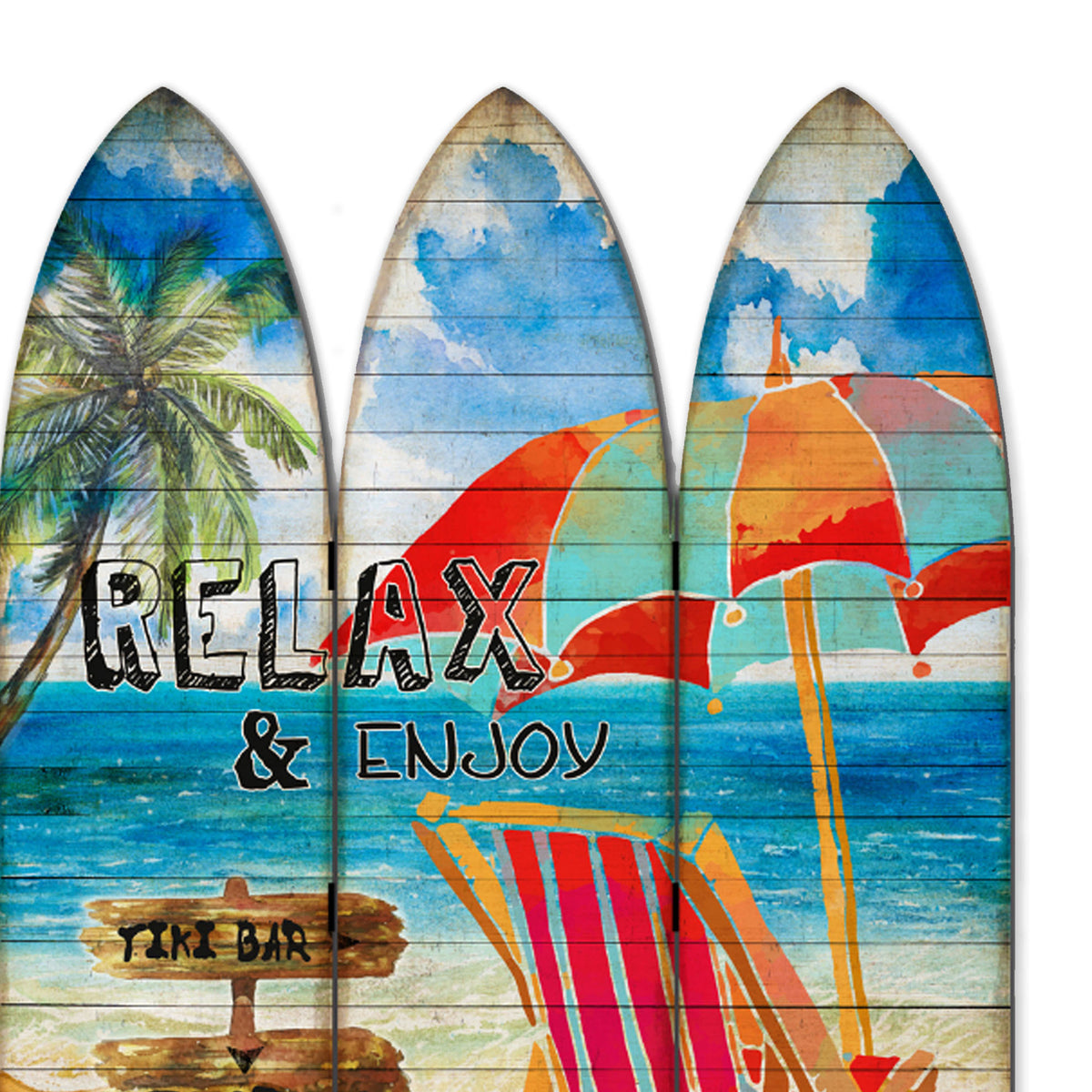 Lounge and Umbrella Print Surfboard Shaped 3 Panel Room Divider, Multicolor - BM205780