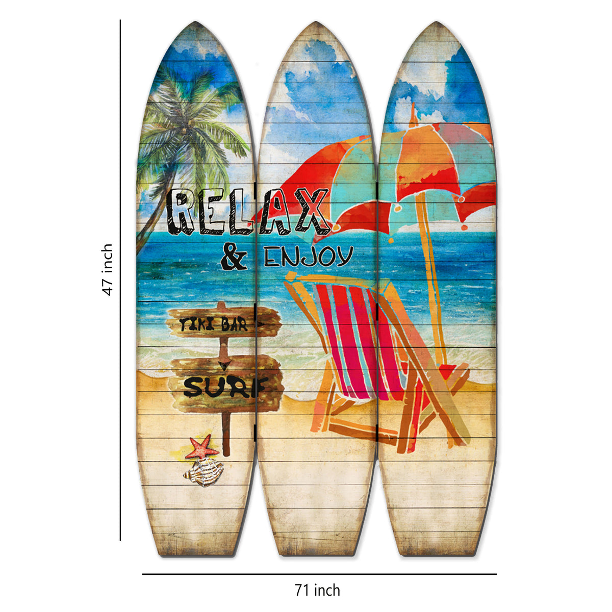 Lounge and Umbrella Print Surfboard Shaped 3 Panel Room Divider, Multicolor - BM205780