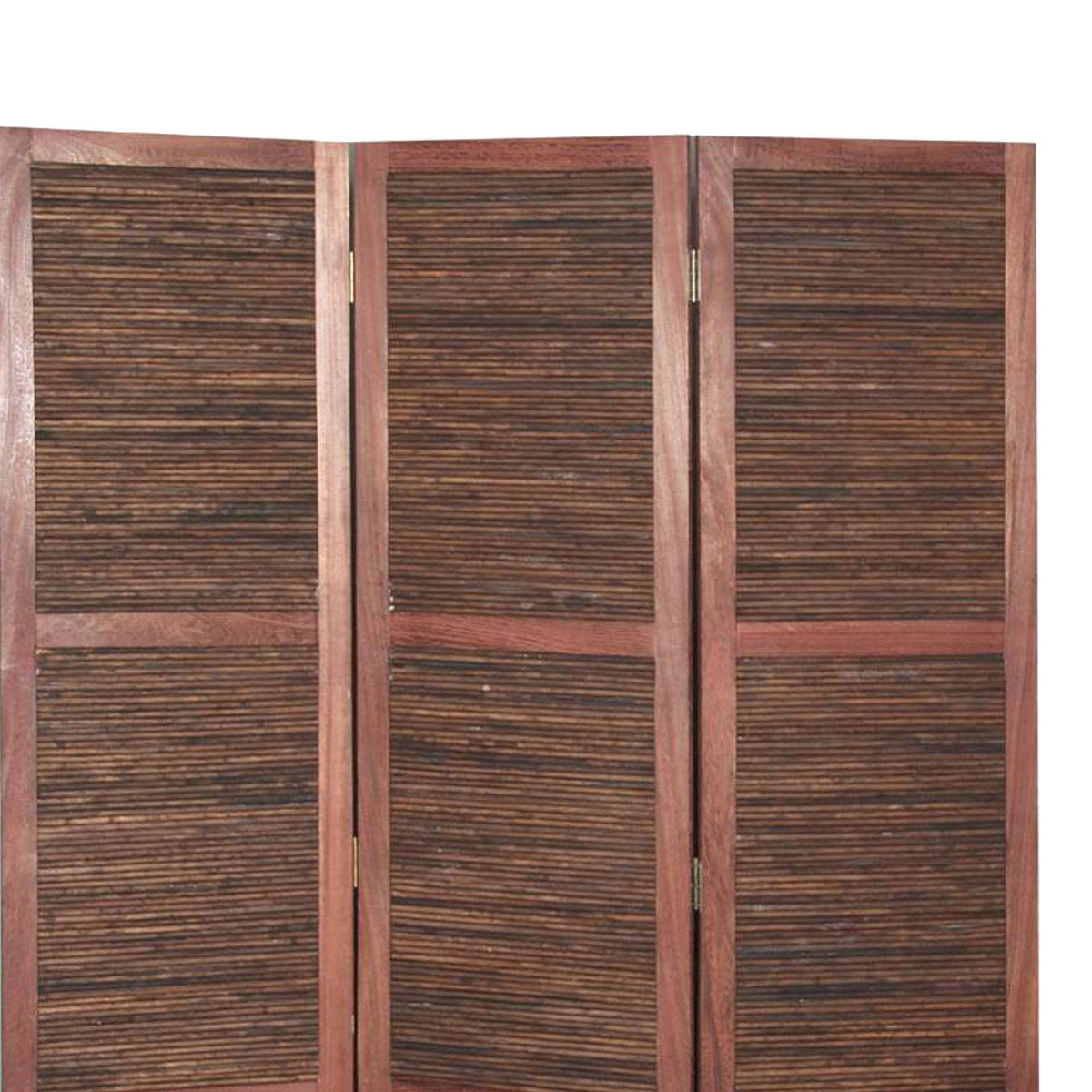 Wooden 3 Panel Room Divider with Horizontal Bamboo Stripes, Dark Brown - BM205783