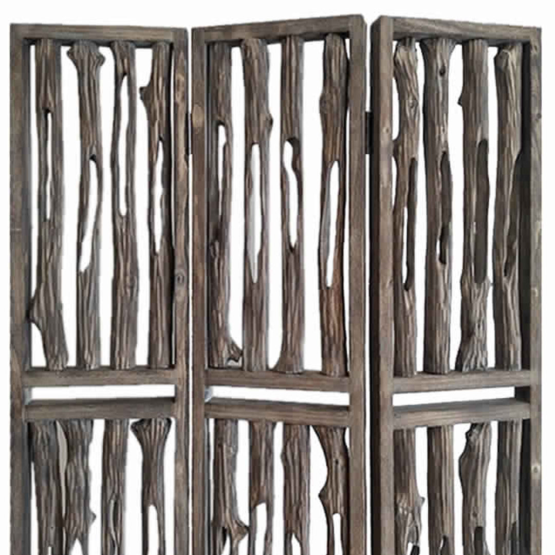 Contemporary 3 Panel Wooden Screen with Log Design, Brown - BM205884