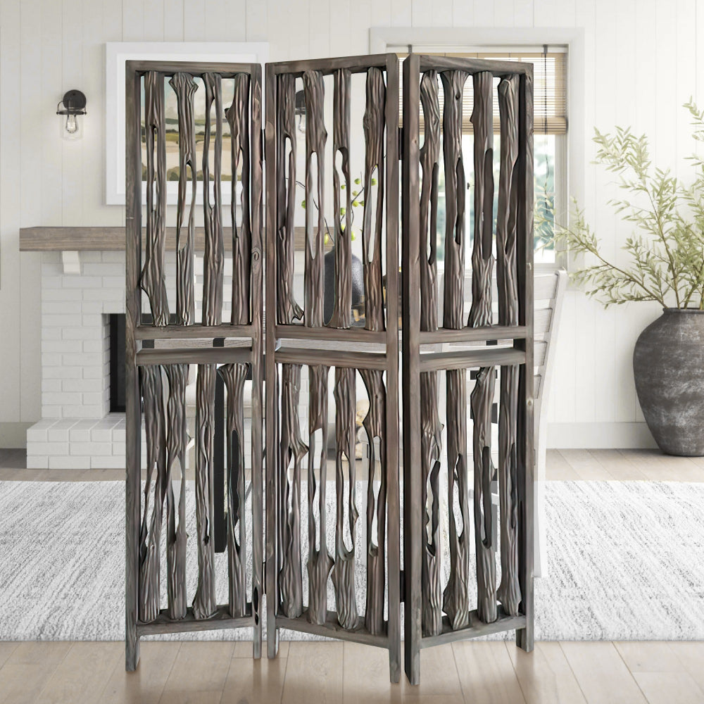 Contemporary 3 Panel Wooden Screen with Log Design, Brown - BM205884