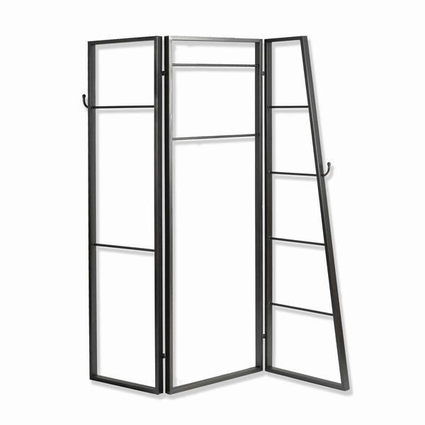Modern Style 3 Panel Metal Screen with Hooks and Rod Hangings, Black - BM205890