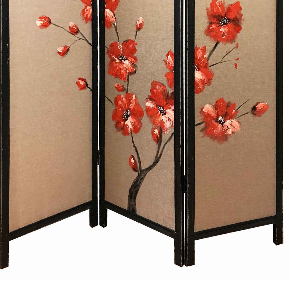 3 Panel Wooden Screen with Hand painted Fabric Design, Red and Brown - BM205894