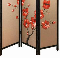 3 Panel Wooden Screen with Hand painted Fabric Design, Red and Brown - BM205894