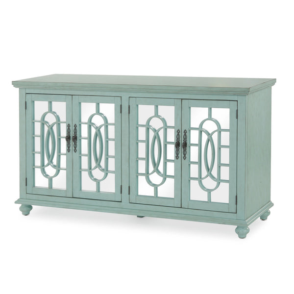 Trellis Front Wood and Glass TV stand with Cabinet Storage, Mint Green - BM205971