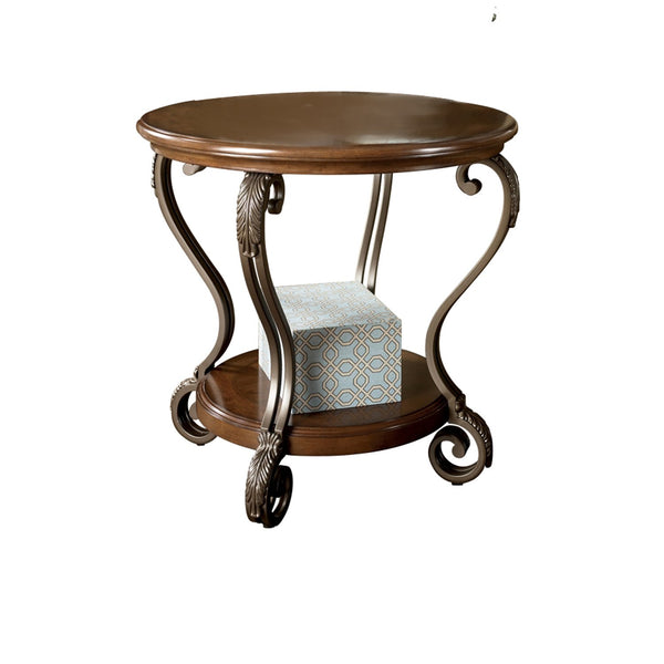 Round End Table With A Bottom Shelf and Designed Curvy Legs, Brown - BM206143