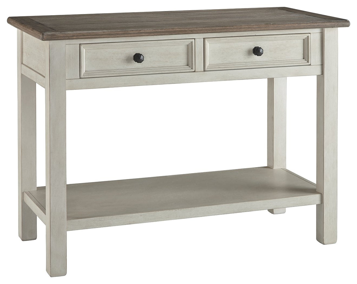 Sofa Table With Plank Style Top and 2 Gliding Drawers, Brown and White - BM206150