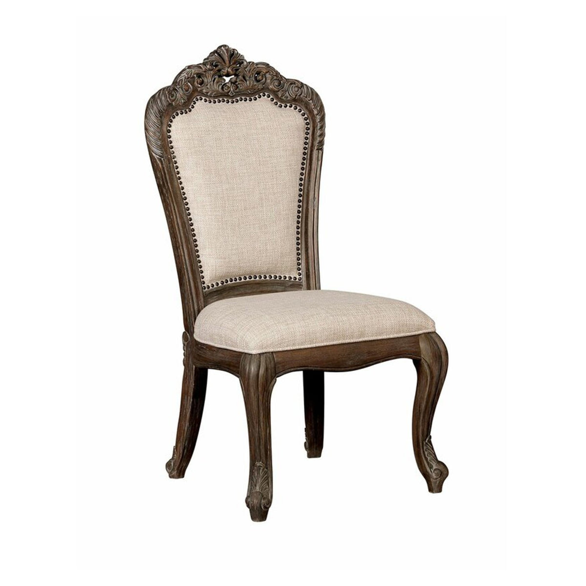 29 Inch Modern Dining Side Chair, Scroll Crown Top, Nailhead Trim, Beige - BM206246