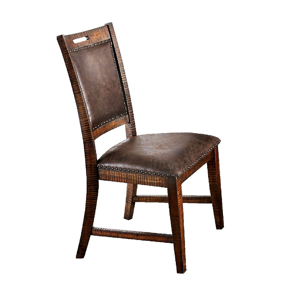 Leatherette Wooden Side Chair with Nailhead Trims in Set of 2 in Brown - BM206270