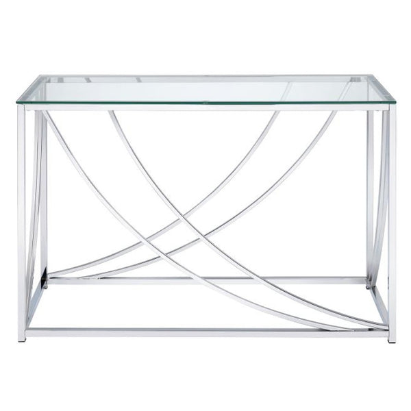 Glass Top Rectangular Sofa Table with Swooping  Curves, Clear and Silver - BM206487
