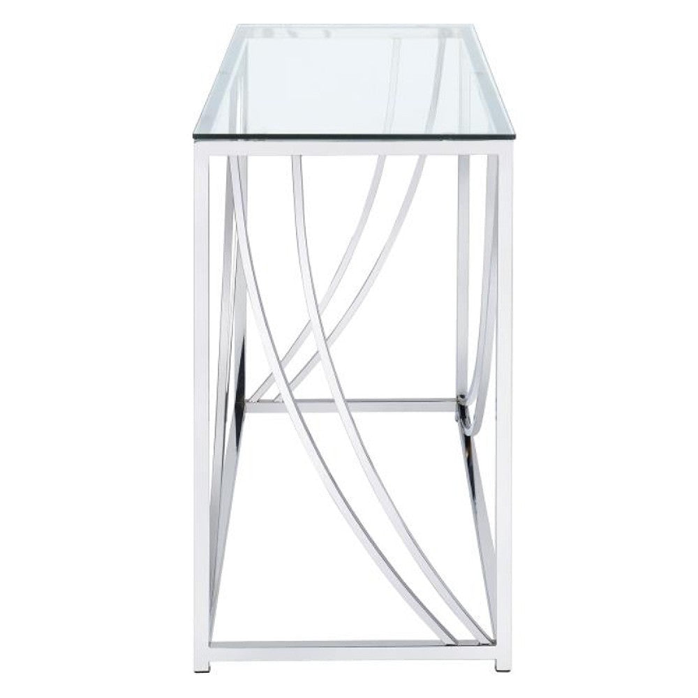 Glass Top Rectangular Sofa Table with Swooping  Curves, Clear and Silver - BM206487