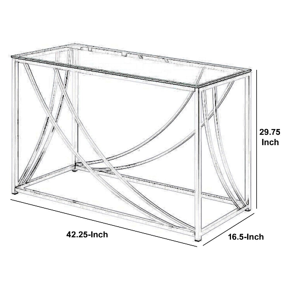 Glass Top Rectangular Sofa Table with Swooping  Curves, Clear and Silver - BM206487