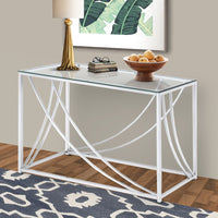 Glass Top Rectangular Sofa Table with Swooping  Curves, Clear and Silver - BM206487