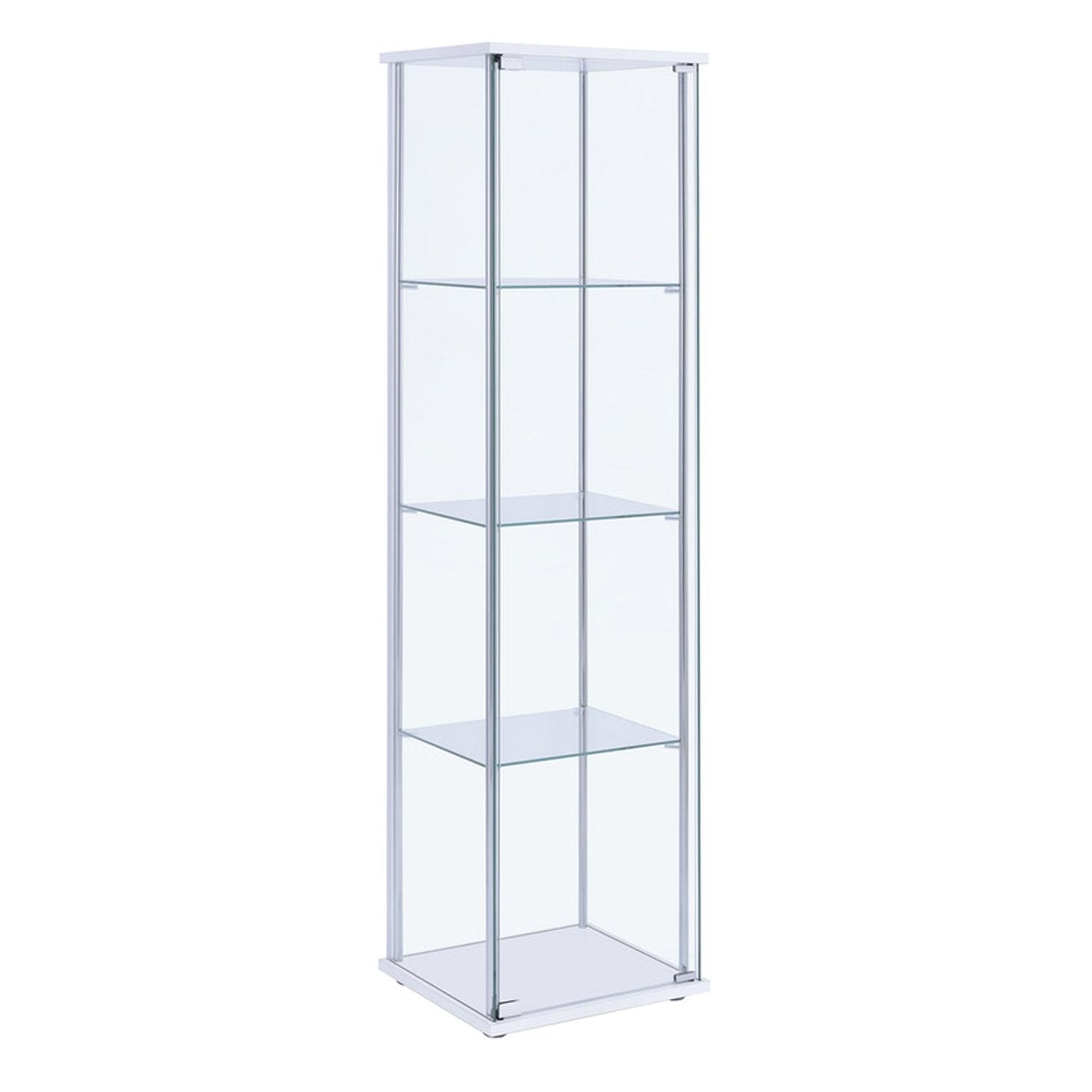 Benjara Glass and Metal Curio Cabinet with 4 Shelves Clear and White BM206503 Benzara