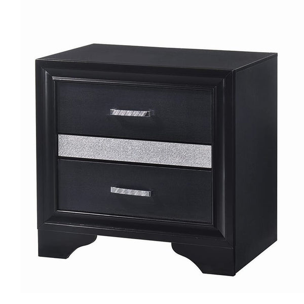 Nightstand with 2 Drawers and Rhinestone Pull Handles, Black and Silver - BM206512