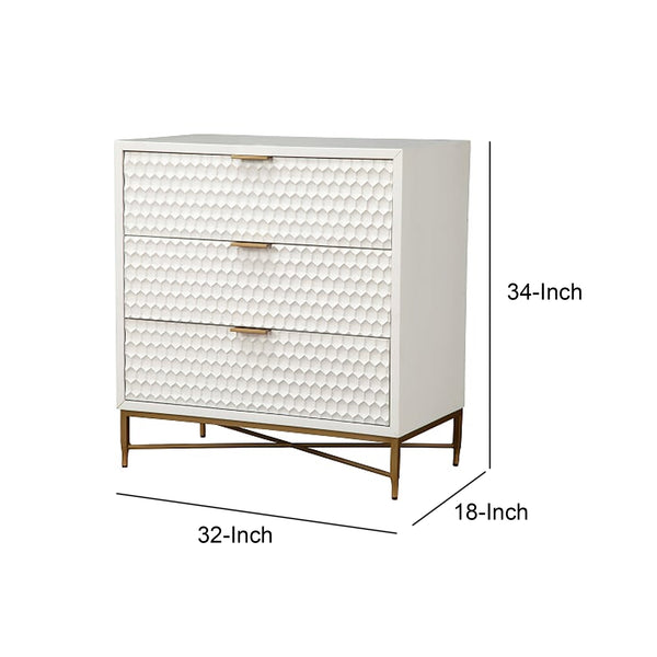 Honeycomb Design 3 Drawer Chest with Metal Legs, Small, White - BM206687