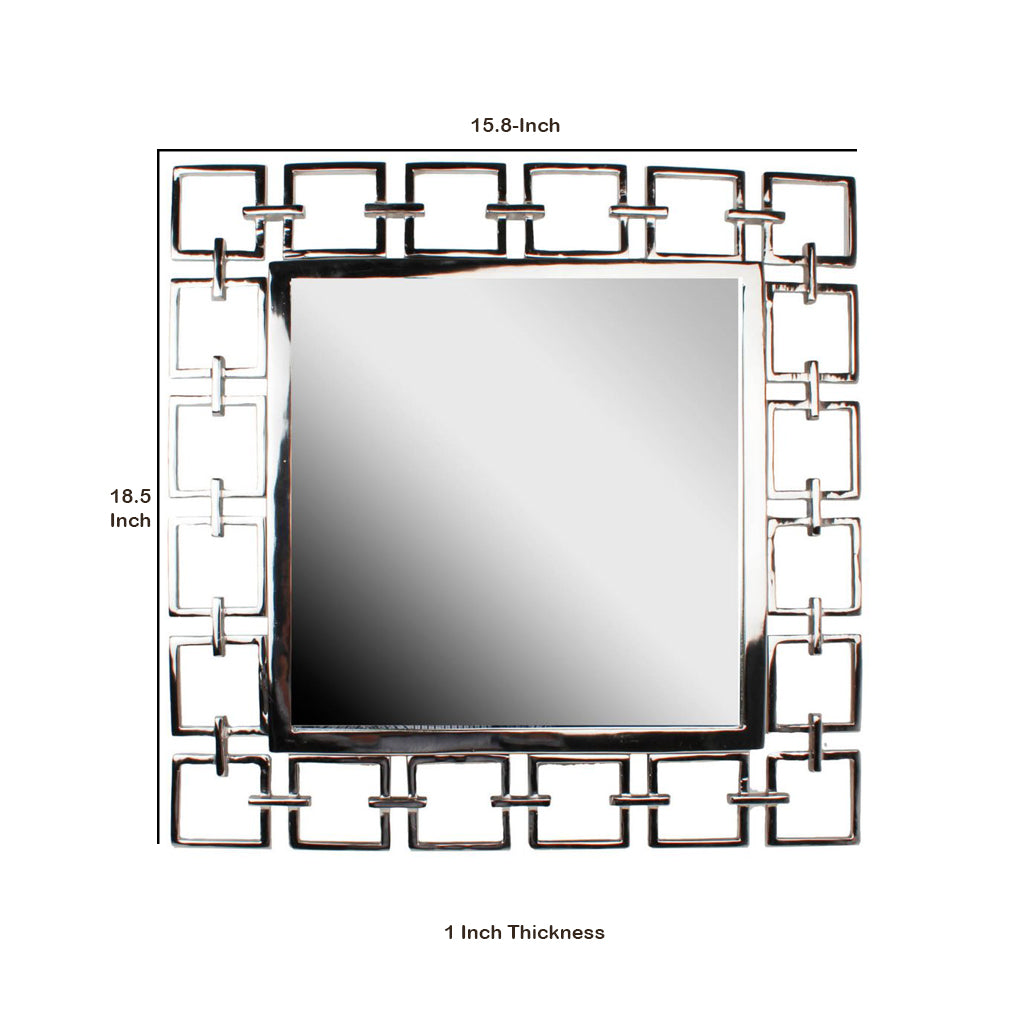 Modern Style Metal Openwork Square Framed Mirror, Silver - BM206715