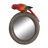 Round Wooden Framed Mirror with Parrot Sculpture Top, Multicolor - BM206716