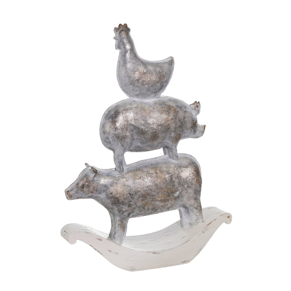 Decorative Polyresin Sculpture with Stacked Animals, White and Bronze - BM206747