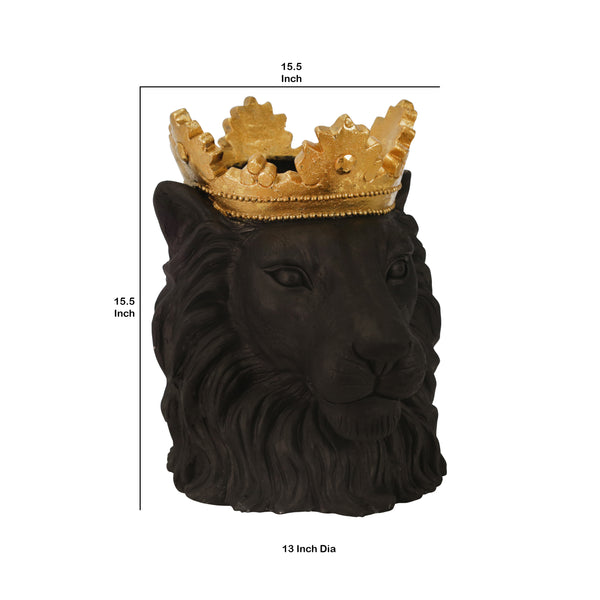 Polyresin Decorative Lion Figurine with Crown, Gold and Black - BM206755