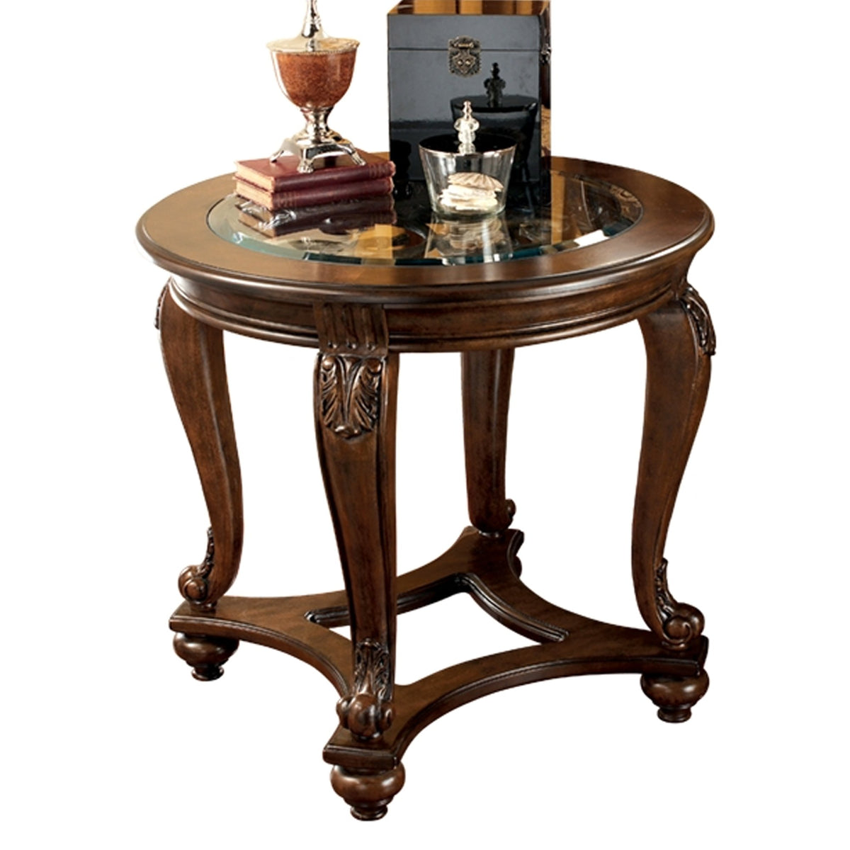 Wooden Round End Table with Cabriole Legs and Glass Top, Brown - BM207239