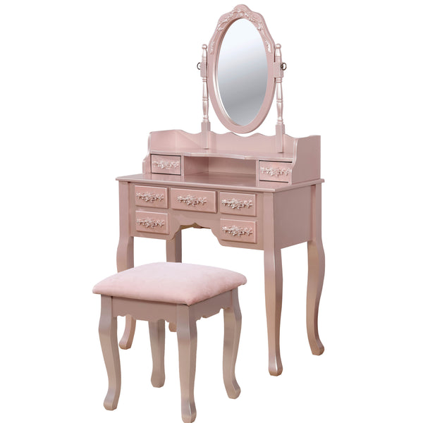 7 Drawers Wooden Frame Vanity Set with Stool and Cabriole Legs in Rose Gold - BM207329