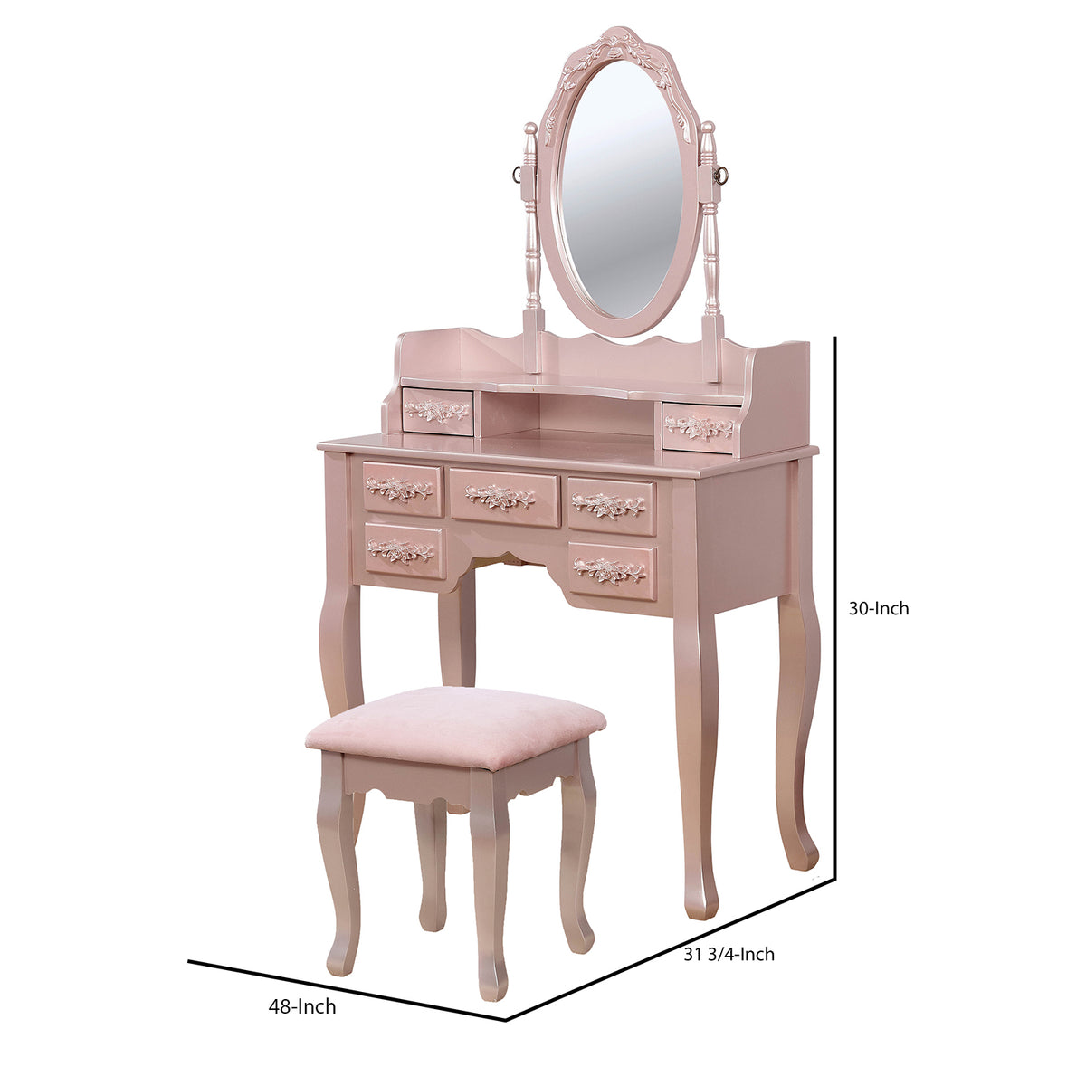 7 Drawers Wooden Frame Vanity Set with Stool and Cabriole Legs in Rose Gold - BM207329