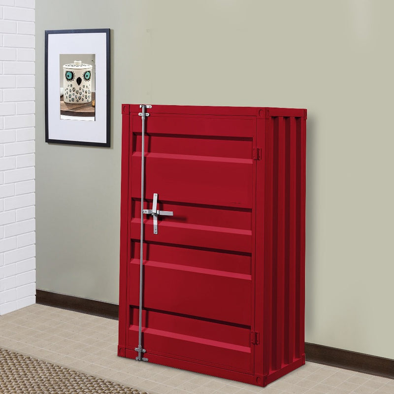 Industrial Style Metal Base Single Door Chest with Slated Pattern, Red - BM207430