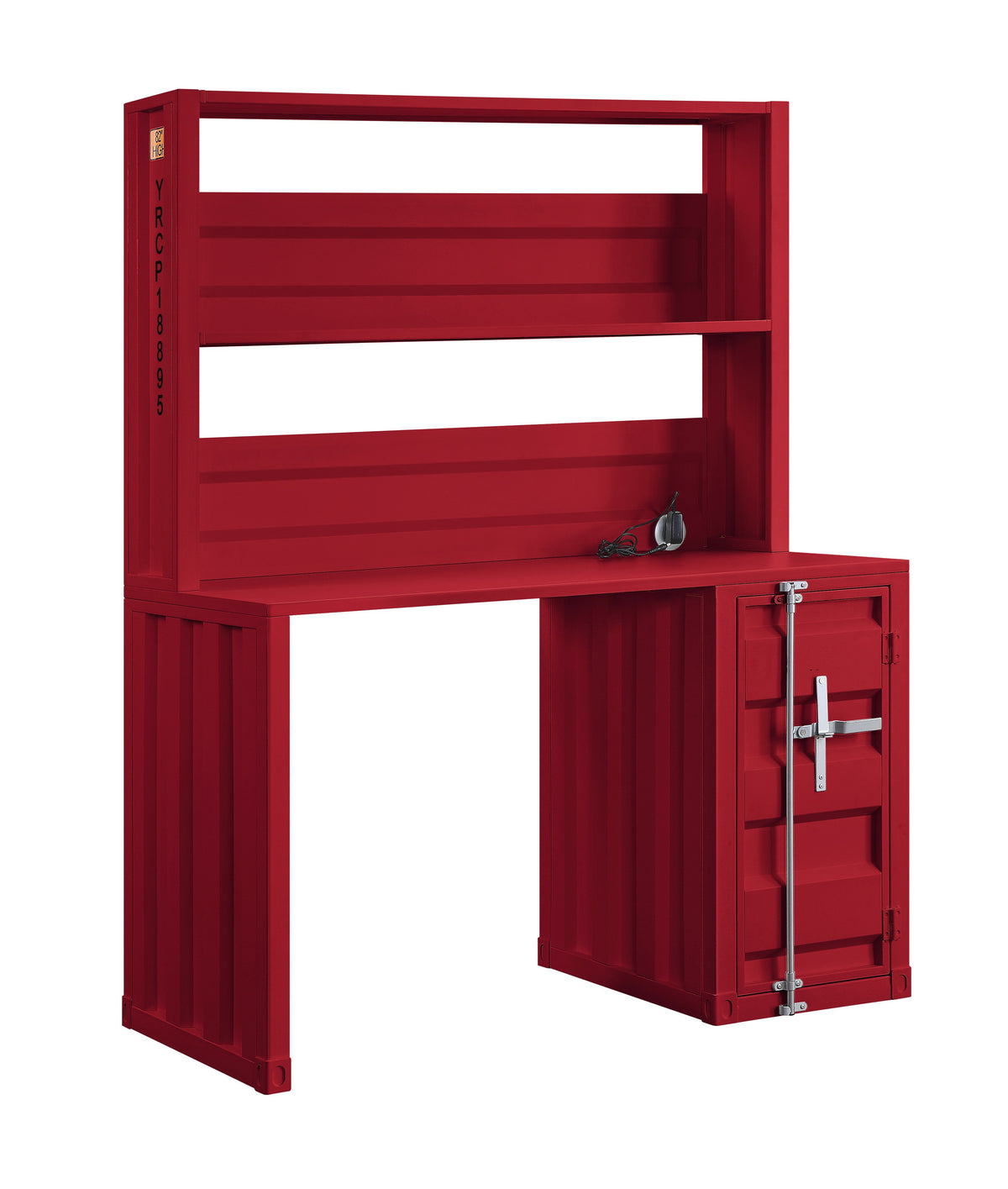 Industrial Style Desk and Hutch and Storage Space with Recessed Panel, Red - BM207445