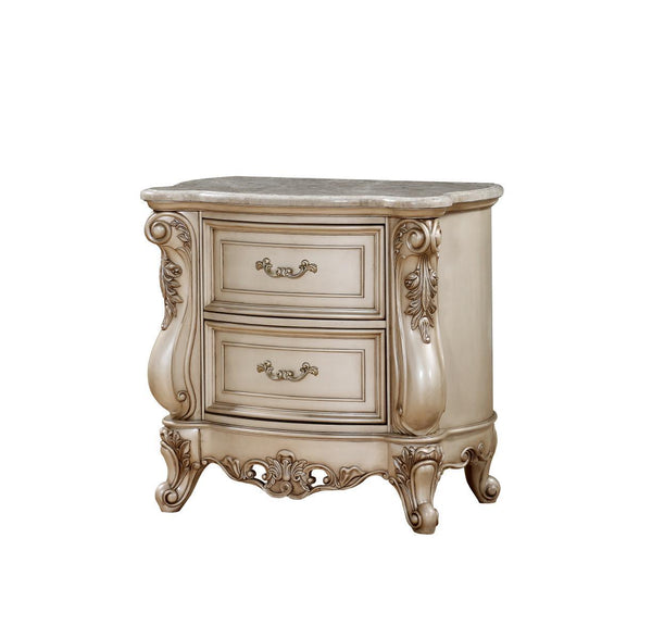 2 Drawer Nightstand With Raised Scrolled Floral Moulding, White - BM207490