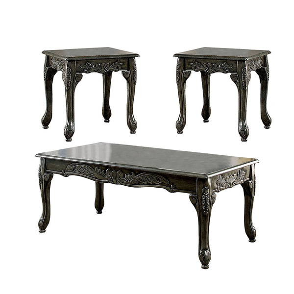 3 Piece Table Set with Cabriole Legs and Wooden Floral Motifs in Gray - BM207976