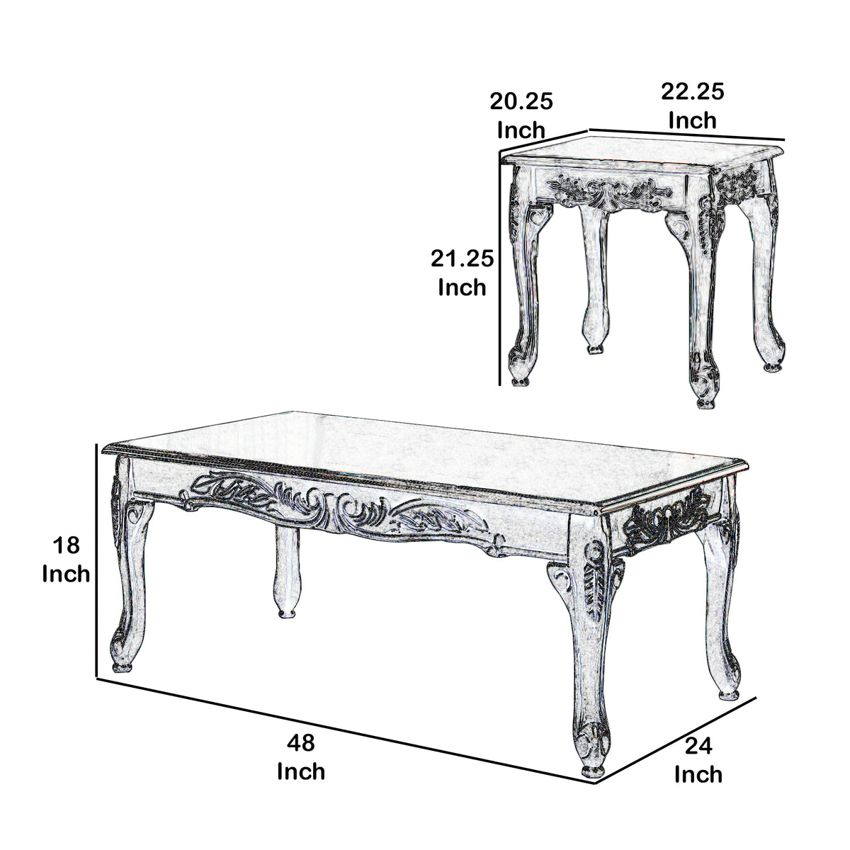 3 Piece Table Set with Cabriole Legs and Wooden Floral Motifs in Gray - BM207976