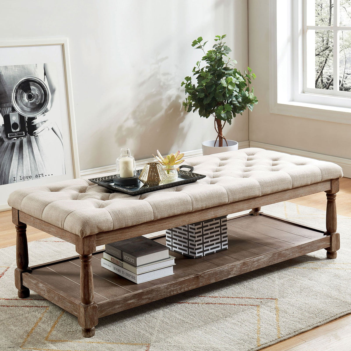Button Tufted Fabric Upholstered Bench with Bottom Shelf in Beige and Brown - BM208033