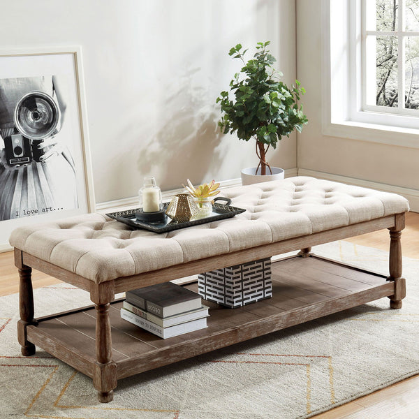 Button Tufted Fabric Upholstered Bench with Bottom Shelf in Beige and Brown - BM208033