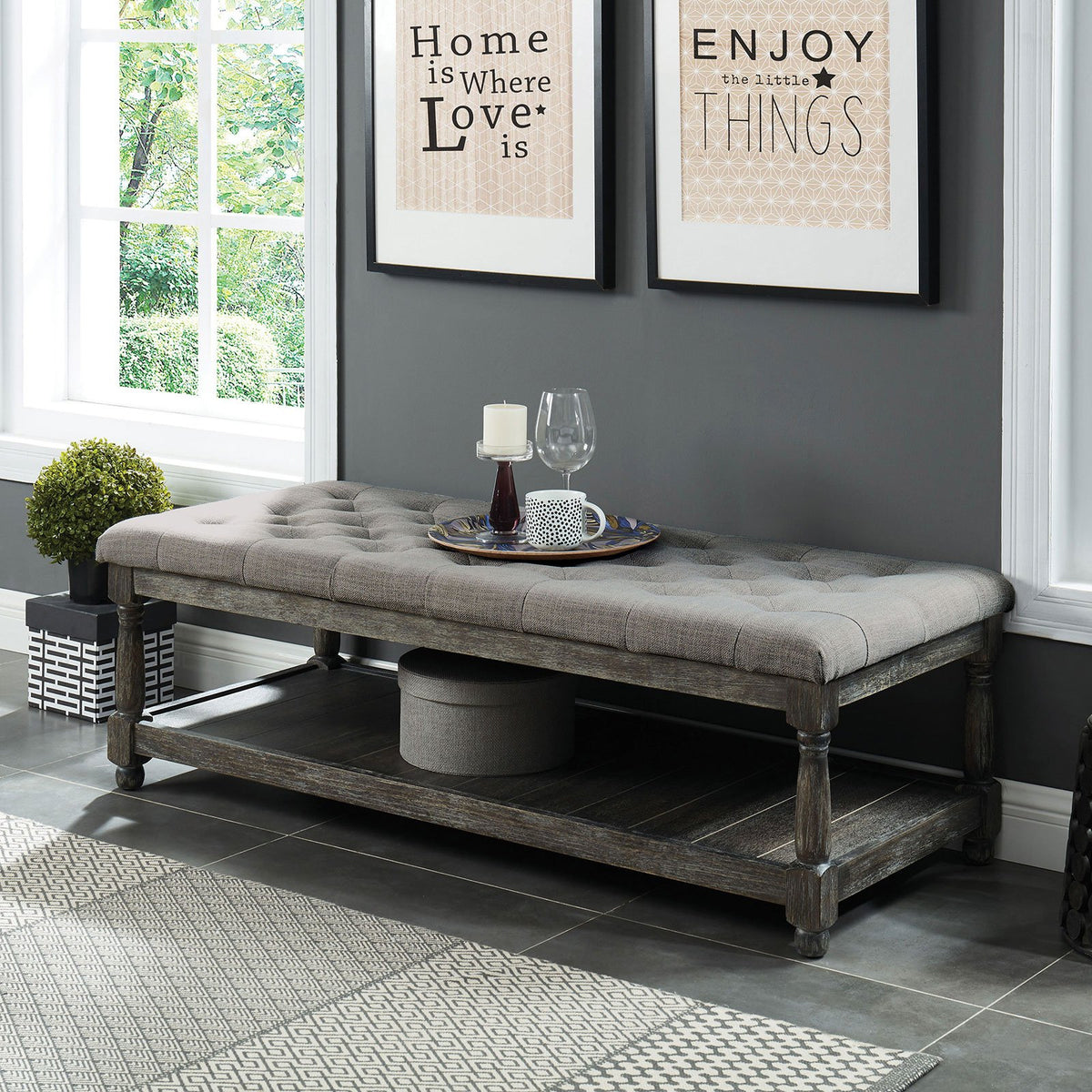 Fabric Upholstered Bench with Button Tufted Seat and Bottom shelf in Gray - BM208034