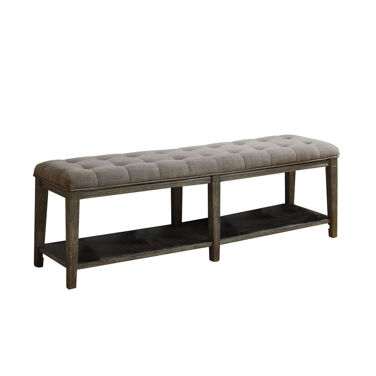 Traditional Bench with Button Tufted Seat and Open Bottom Shelf in Gray - BM208035