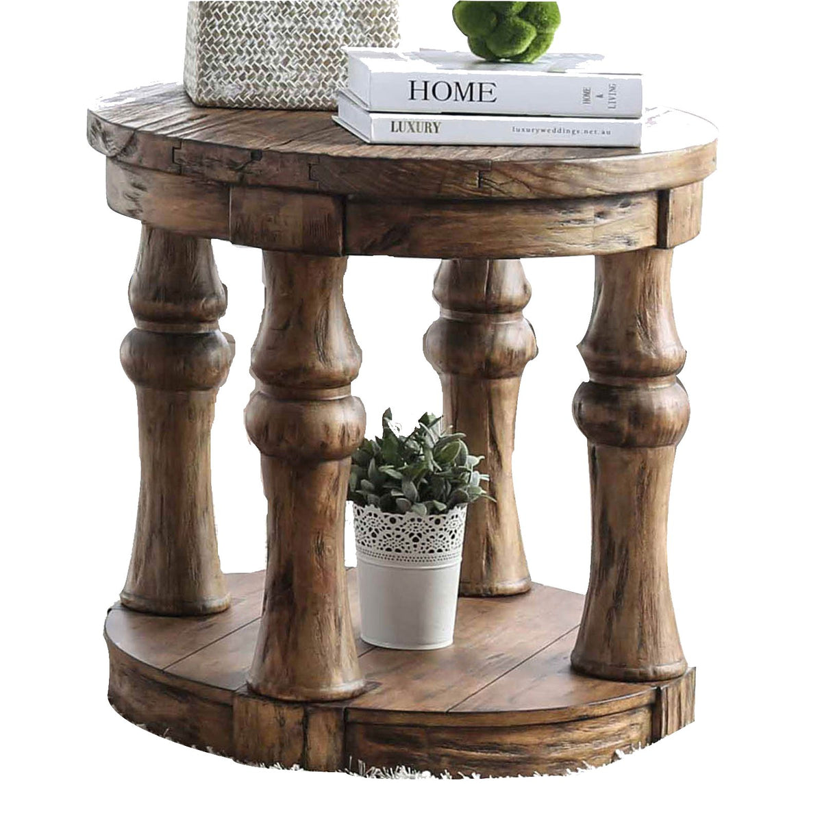 Transitional Round End Table with Open Shelf and Turned Legs,Antique Oak - BM208118