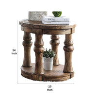 Transitional Round End Table with Open Shelf and Turned Legs,Antique Oak - BM208118