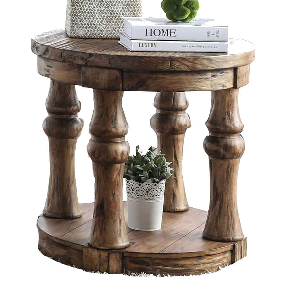 Transitional Round End Table with Open Shelf and Turned Legs,Antique Oak - BM208118