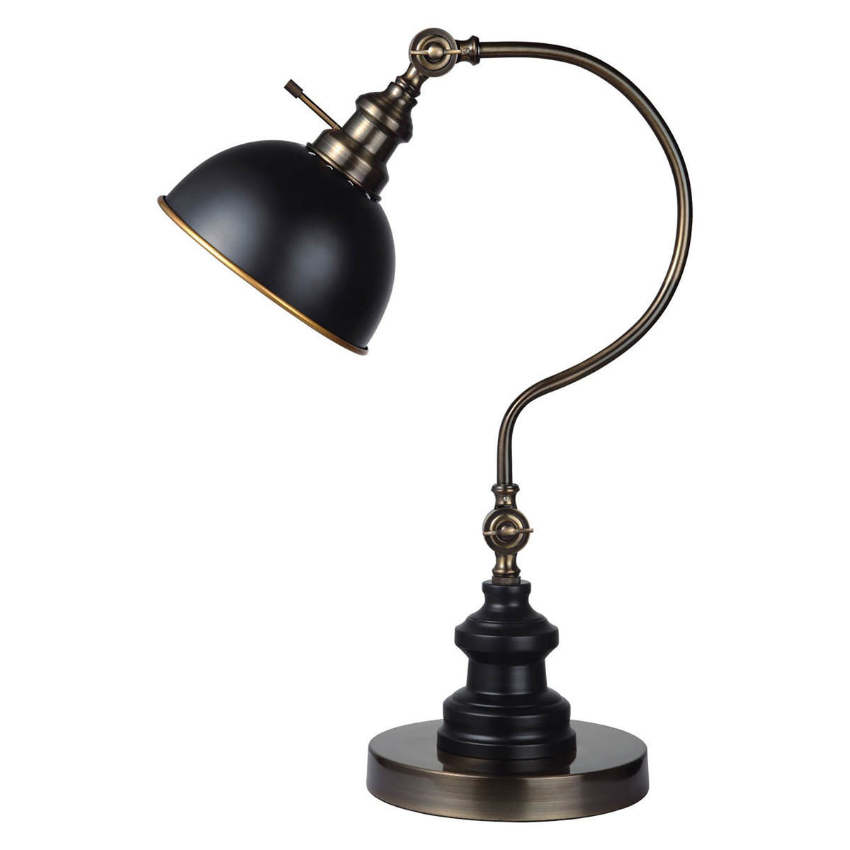 Industrial Style Table Lamp with Curved Stem and Round Base in Gold and Black - BM209026