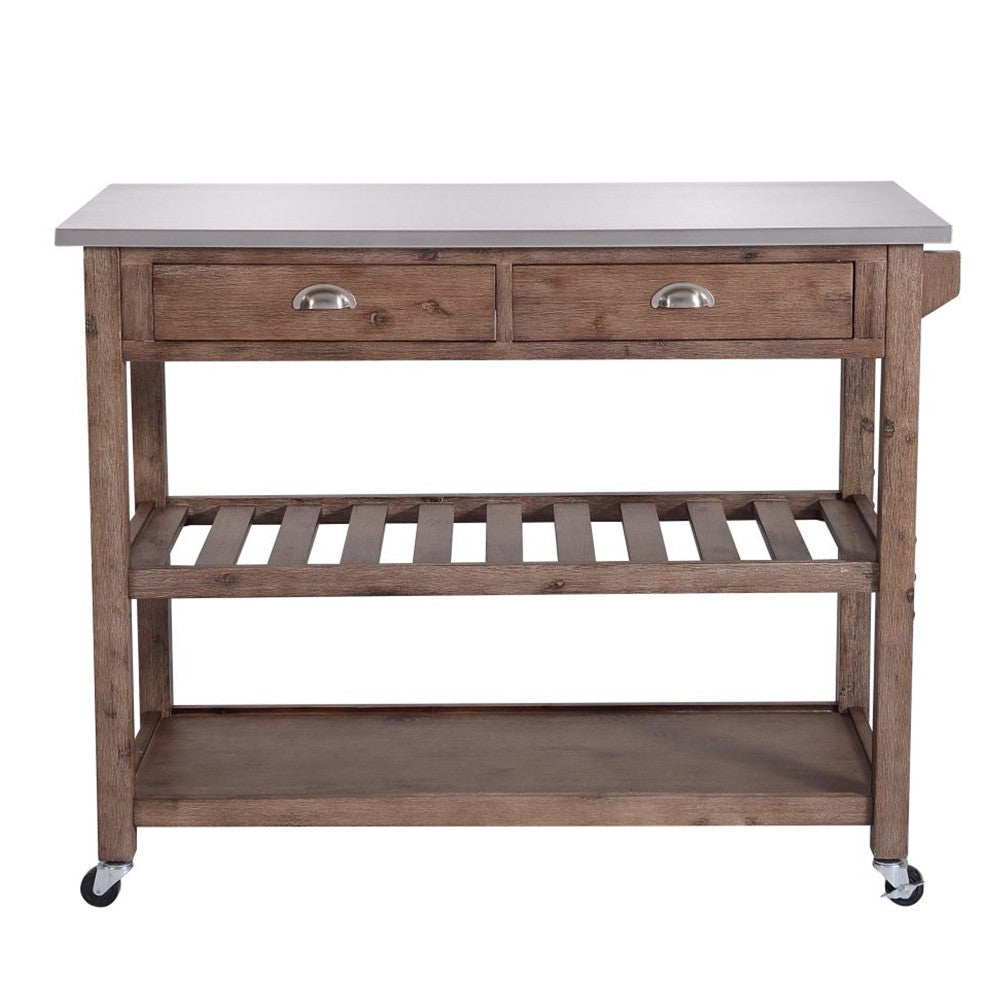 2 Drawers Wooden Kitchen Cart with Metal Top and Casters, Gray and Brown - BM209090