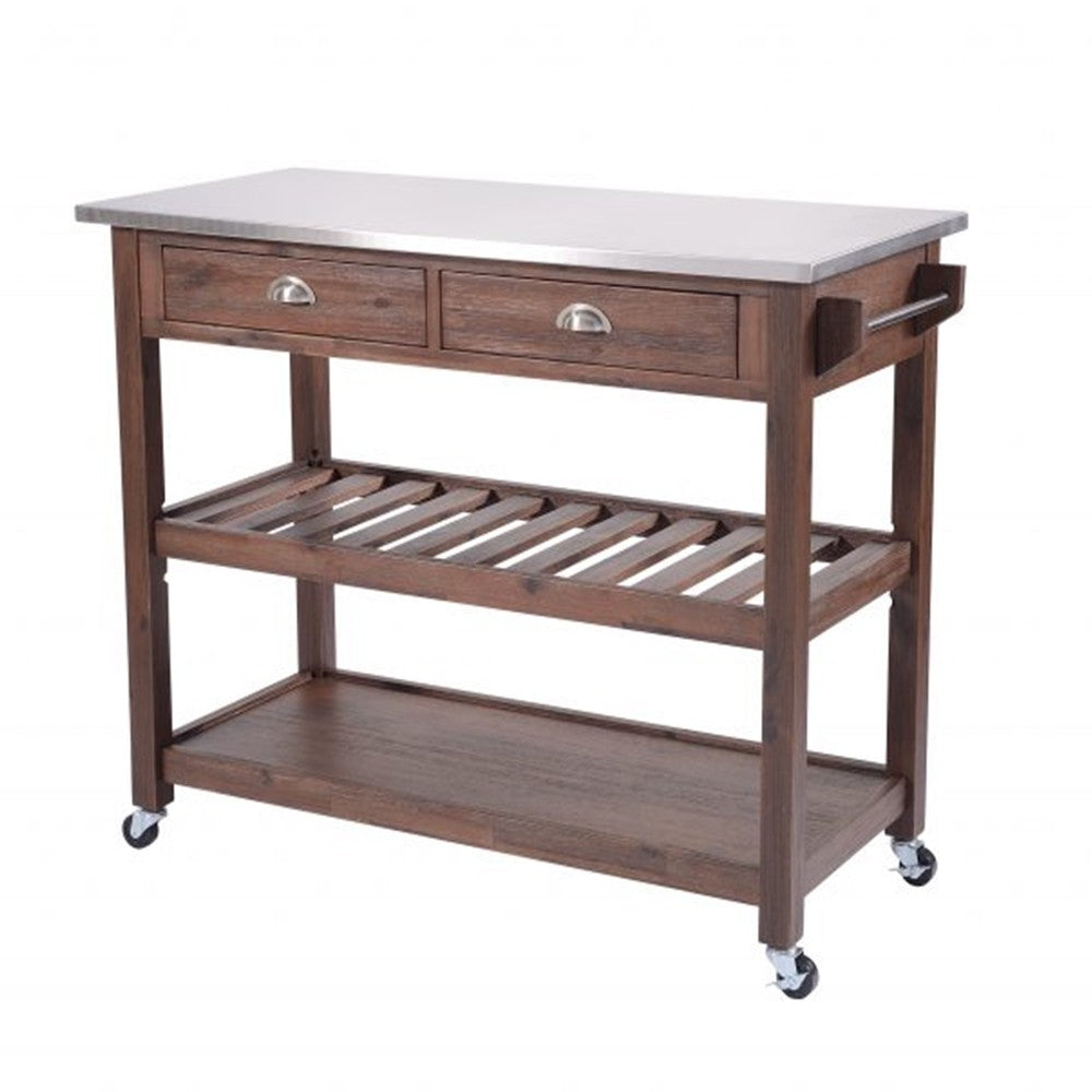 2 Drawers Wooden Kitchen Cart with Metal Top and Casters, Gray and Brown - BM209090