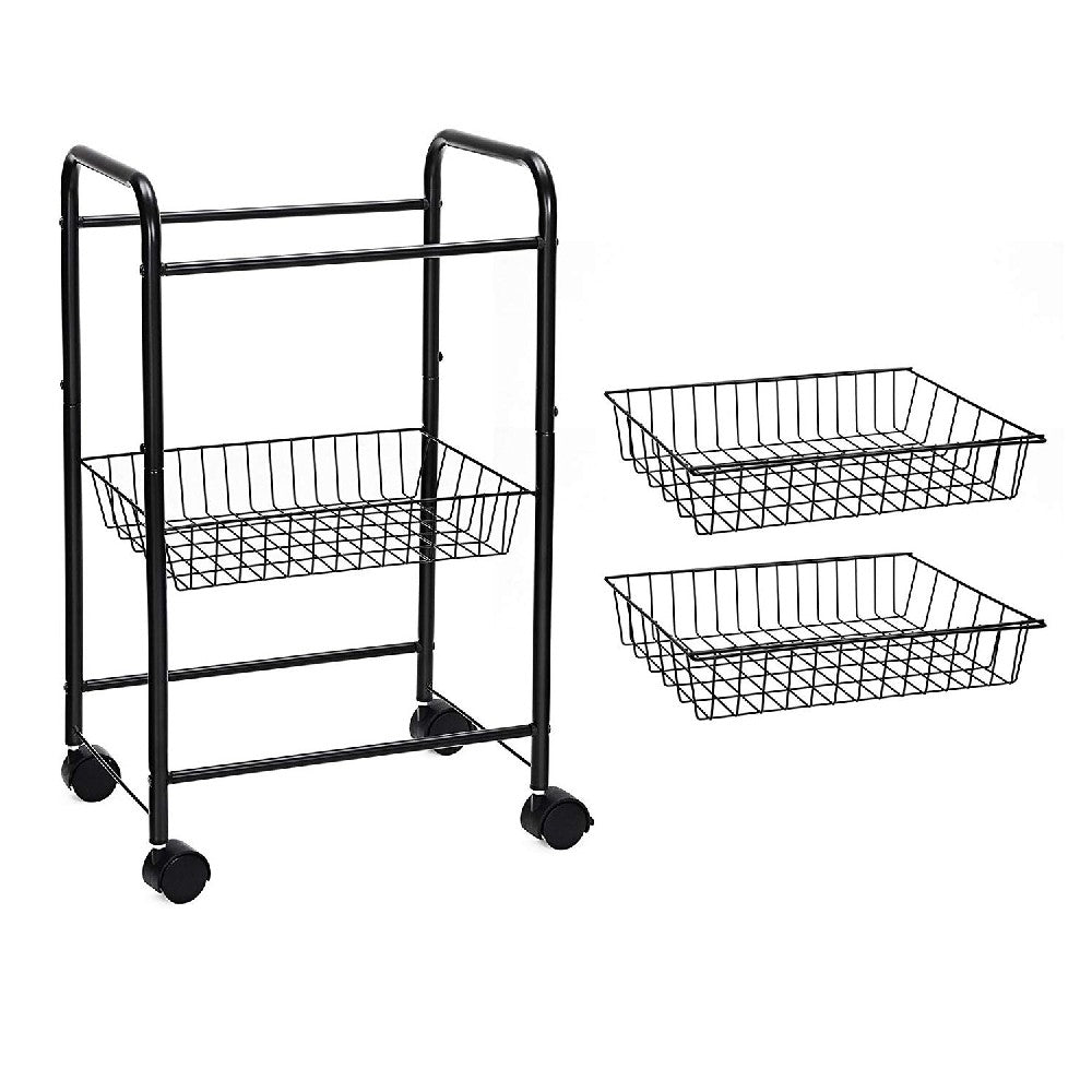 3 Tier Metal Frame Kitchen Cart with Casters and Grid Details, Black - BM209158