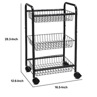 3 Tier Metal Frame Kitchen Cart with Casters and Grid Details, Black - BM209158